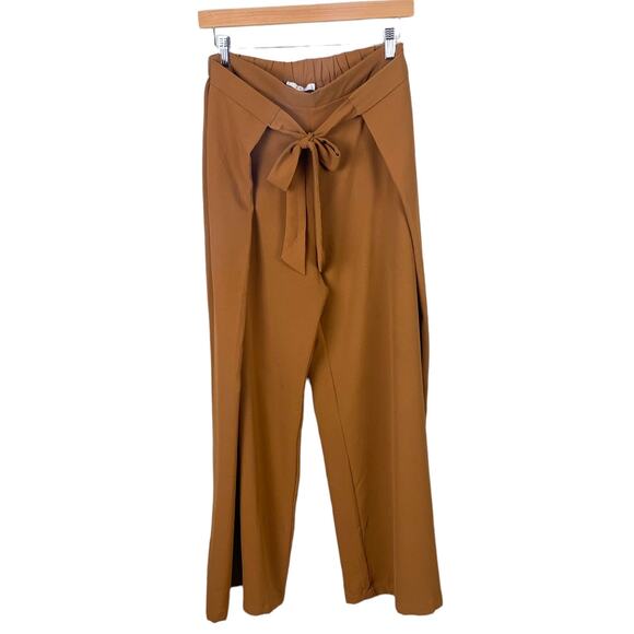 E&M Tie Front Wide Leg Cropped Pants Size Medium M Mustard Yellow Brown - Picture 1 of 7